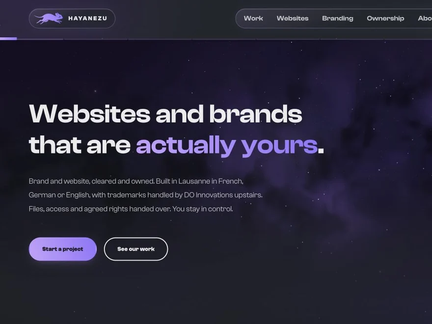 Hayanezu studio website with a purple galaxy